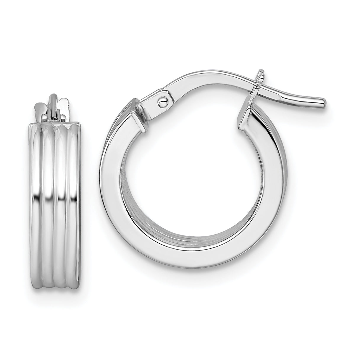 14k White Gold Polished and Grooved 4.00 x 15mm Tube Hoop Earrings