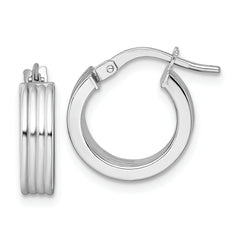 14k White Gold Polished and Grooved 4.00 x 15mm Tube Hoop Earrings