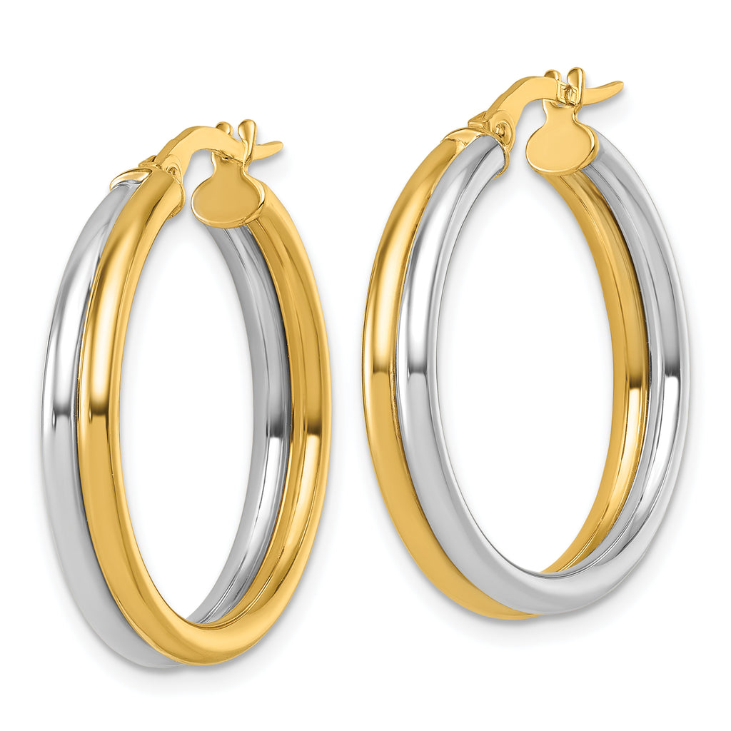 14K with White Rhodium Polished 4.00mm x 24mm Round Hoop Earrings