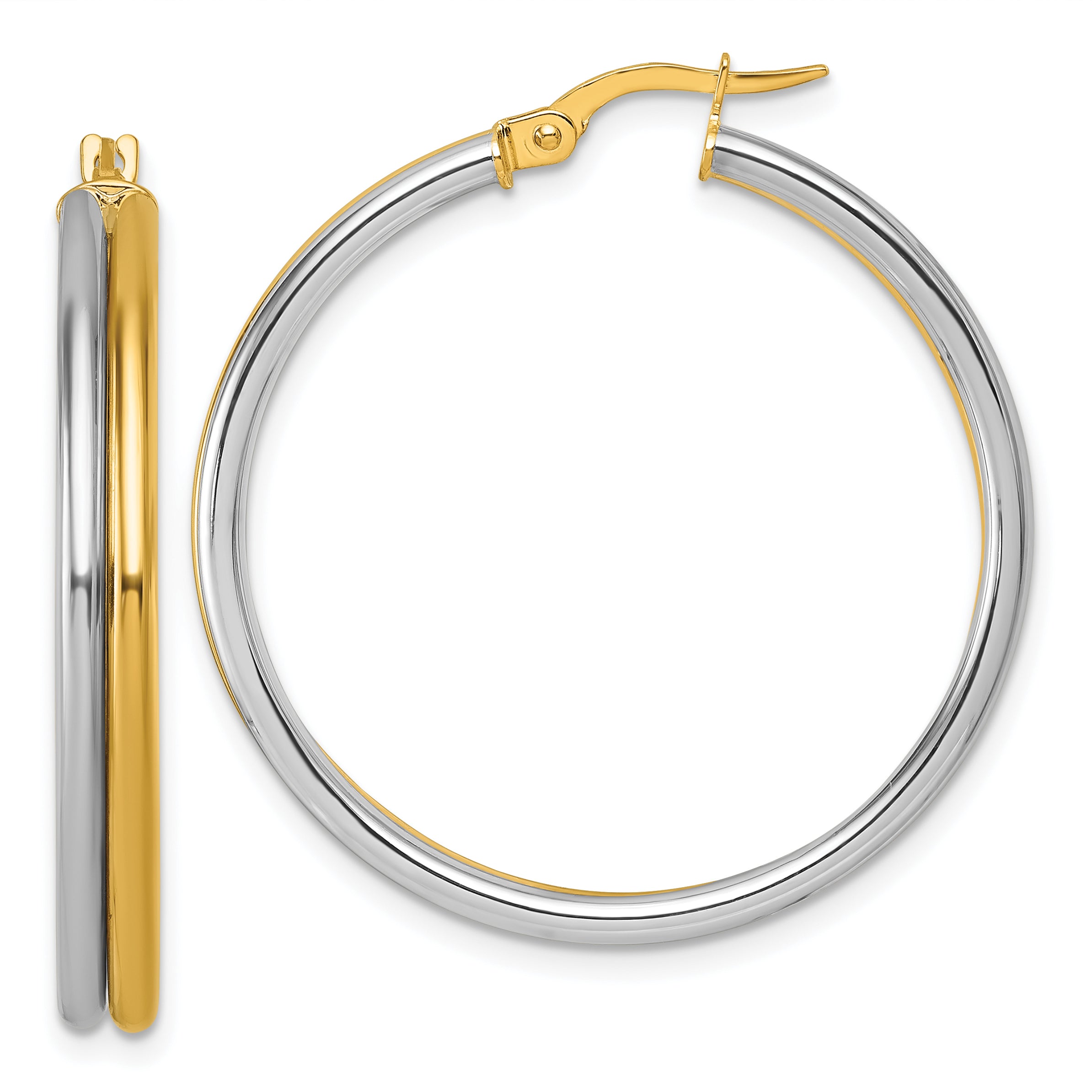 14K with White Rhodium Polished 4.00mm x 35mm Round Hoop Earrings