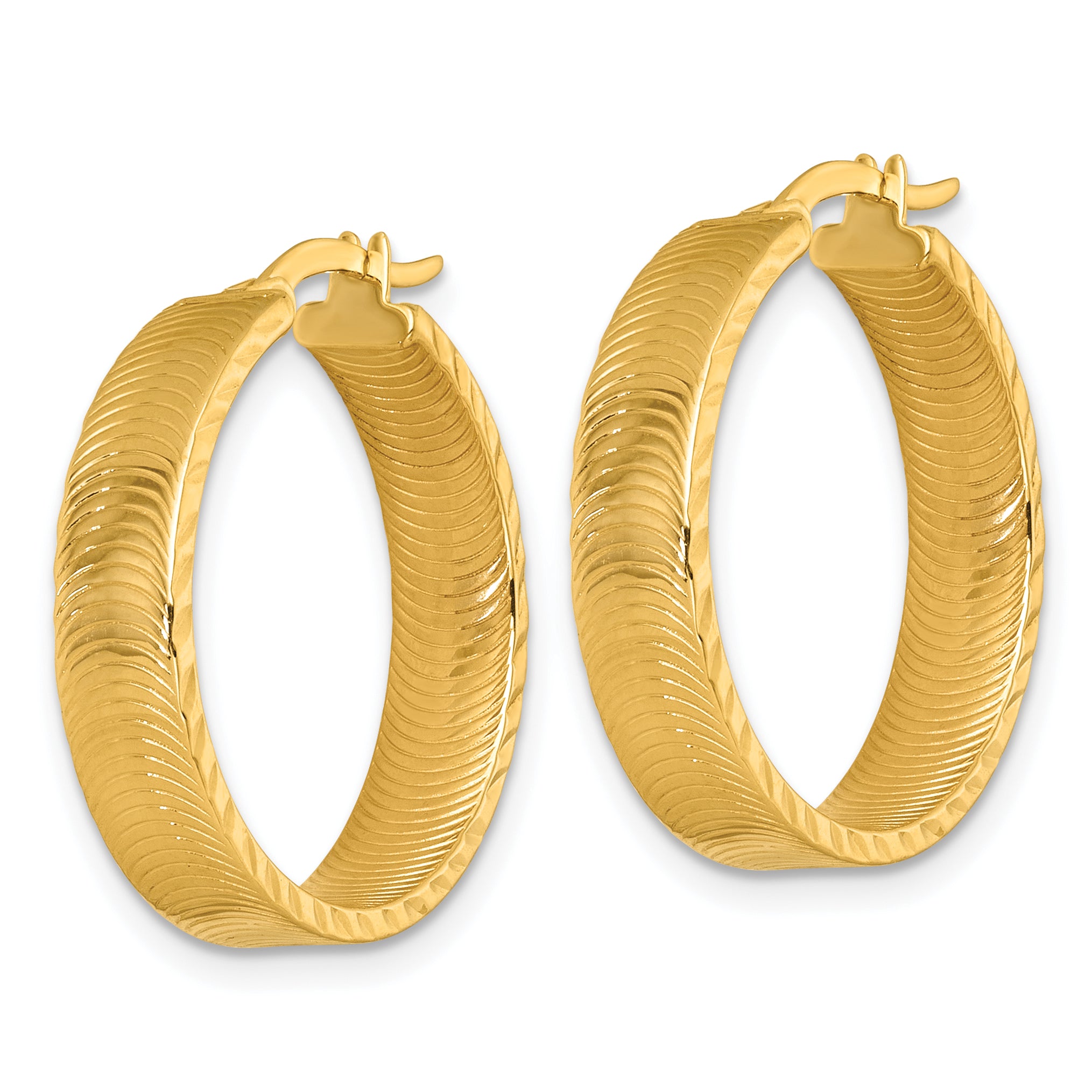 14k Polished 5.0 x 22mm Diamond-Cut Textured Tube Hoop Earrings Secondary image