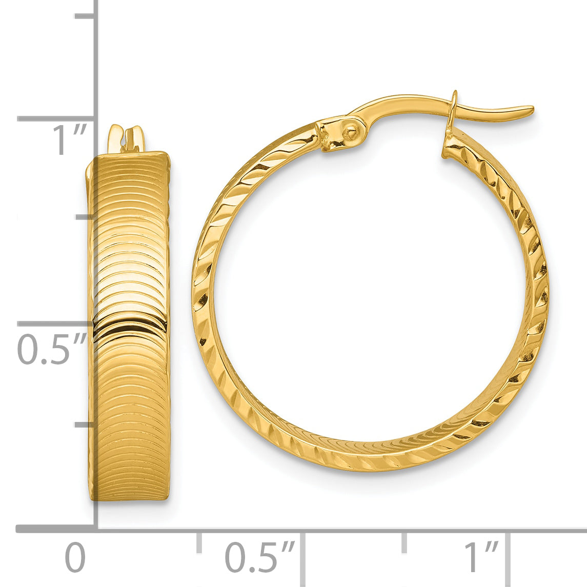14k Polished 5.0 x 22mm Diamond-Cut Textured Tube Hoop Earrings