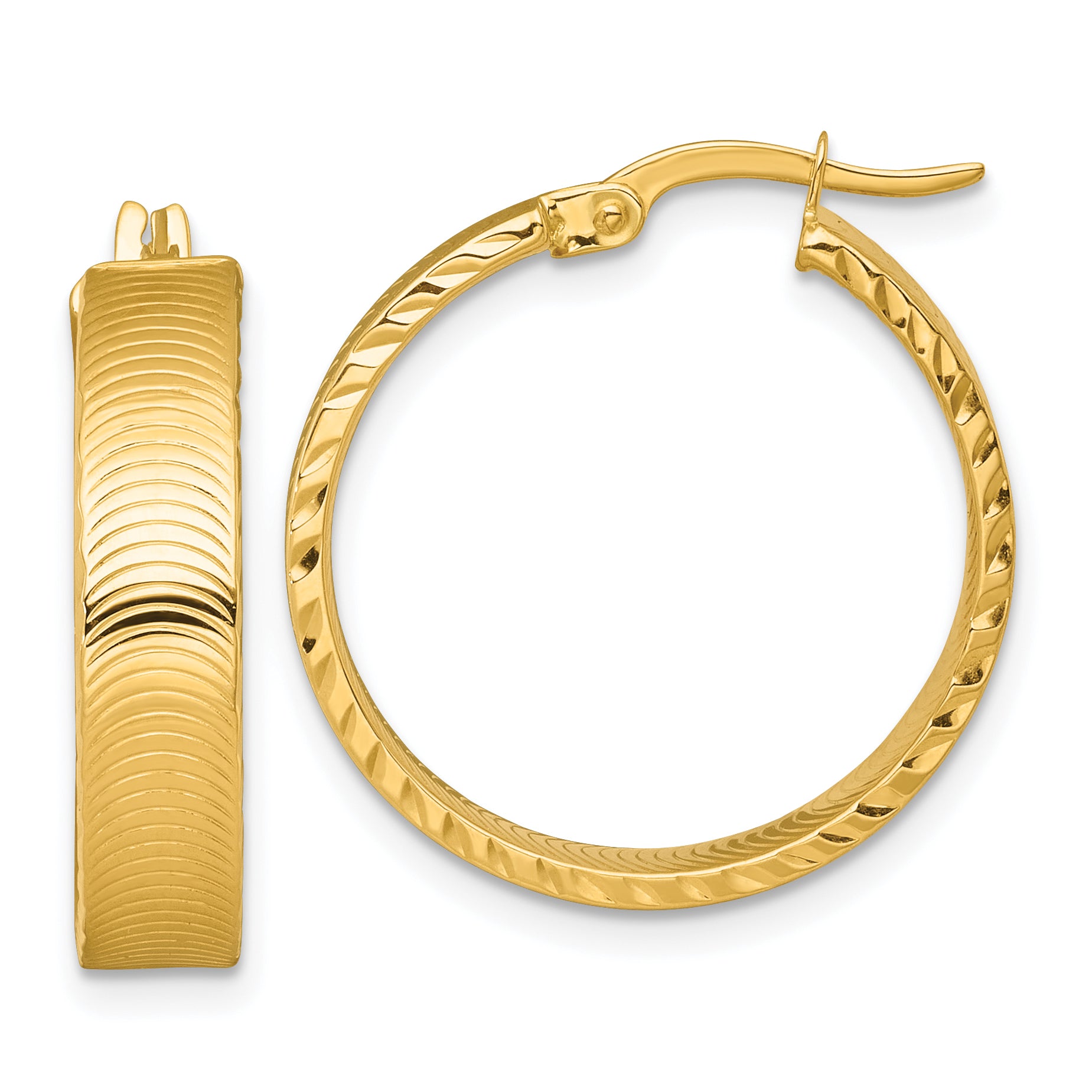 14k Polished 5.0 x 22mm Diamond-Cut Textured Tube Hoop Earrings Main image