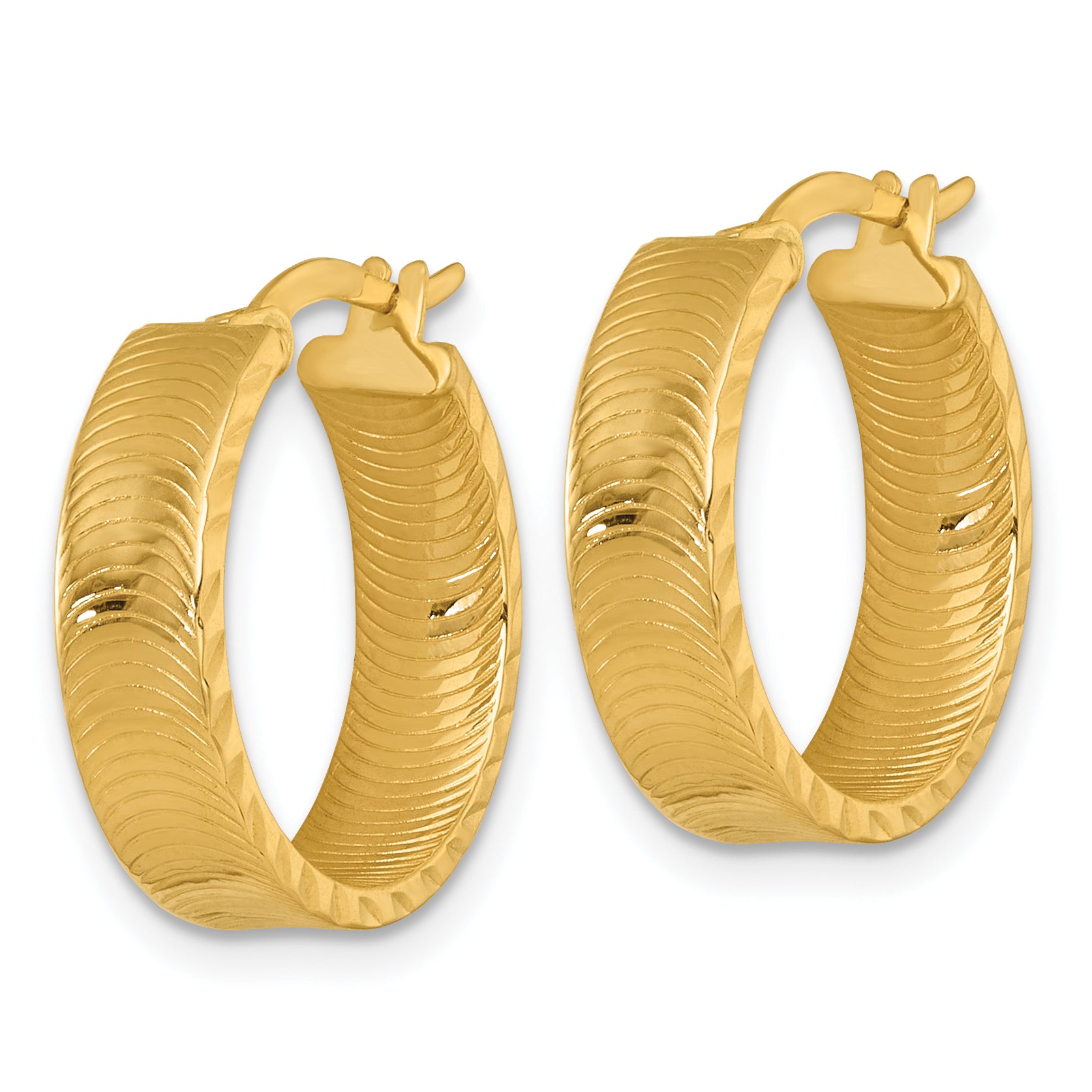 14k Polished 5.0 x 18mm Diamond-Cut Textured Tube Hoop Earrings Secondary image