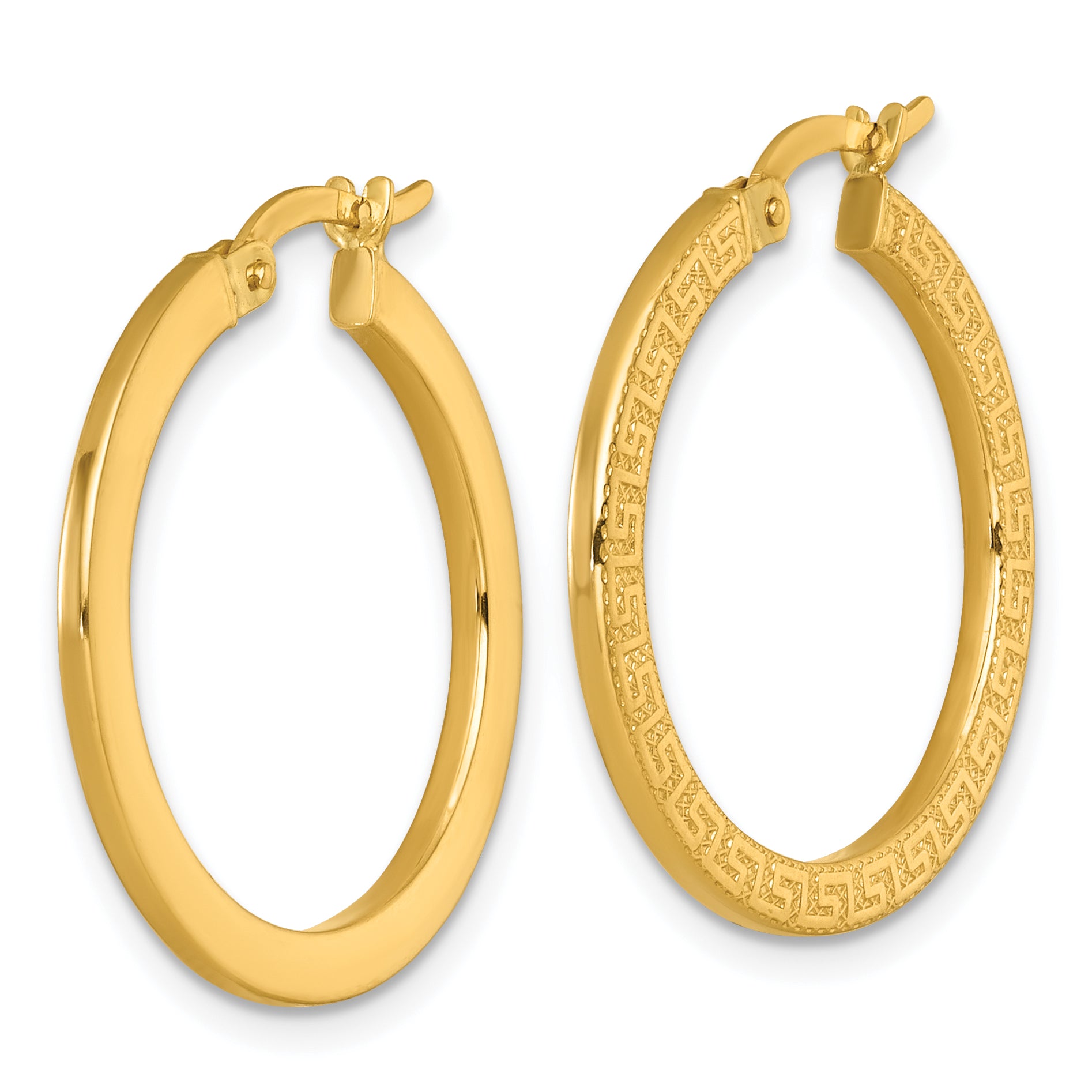14k Polished 1.5 x 24mm Textured Greek Key Hoop Earrings Secondary image