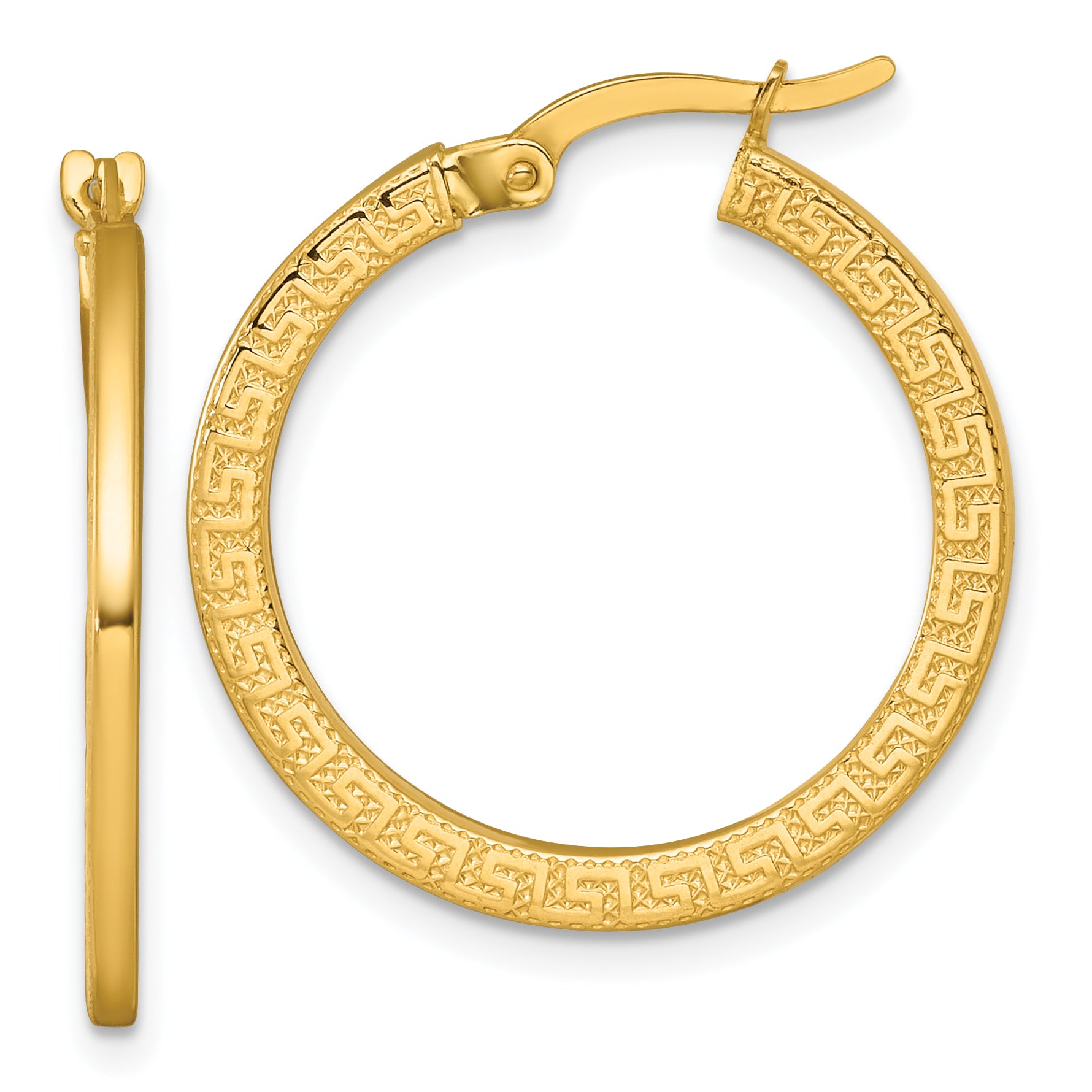 14k Polished 1.5 x 24mm Textured Greek Key Hoop Earrings Main image