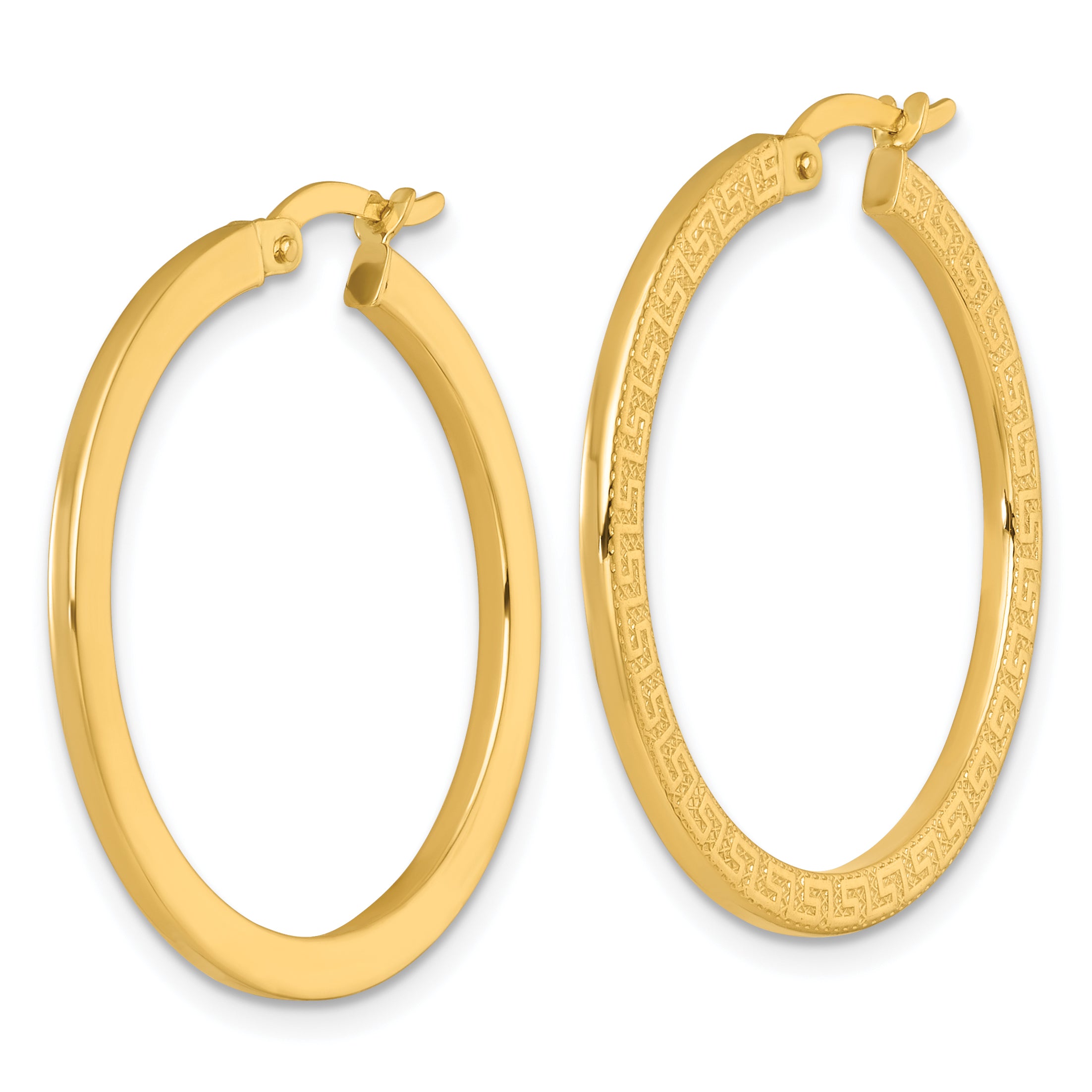 14k Polished 1.5 x 30mm Textured Greek Key Hoop Earrings Secondary image