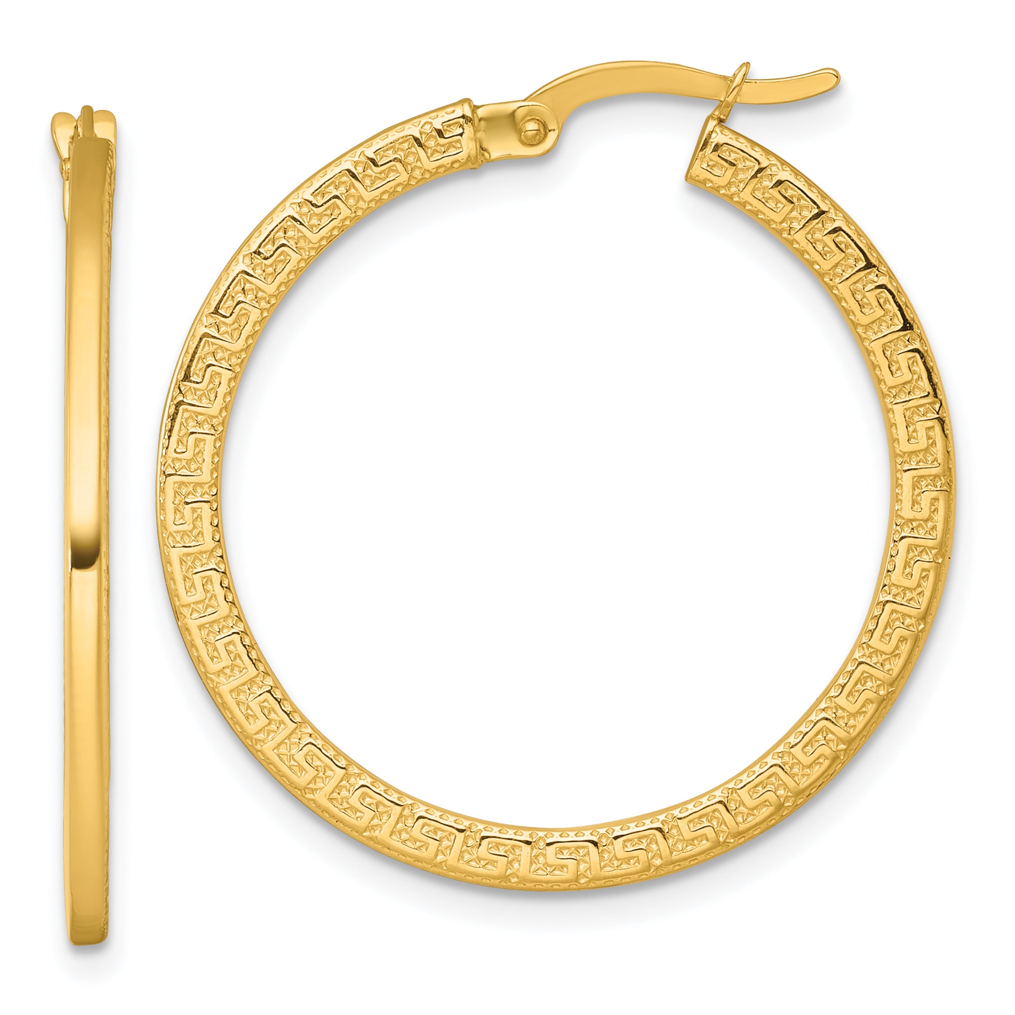 14k Polished 1.5 x 30mm Textured Greek Key Hoop Earrings Main image