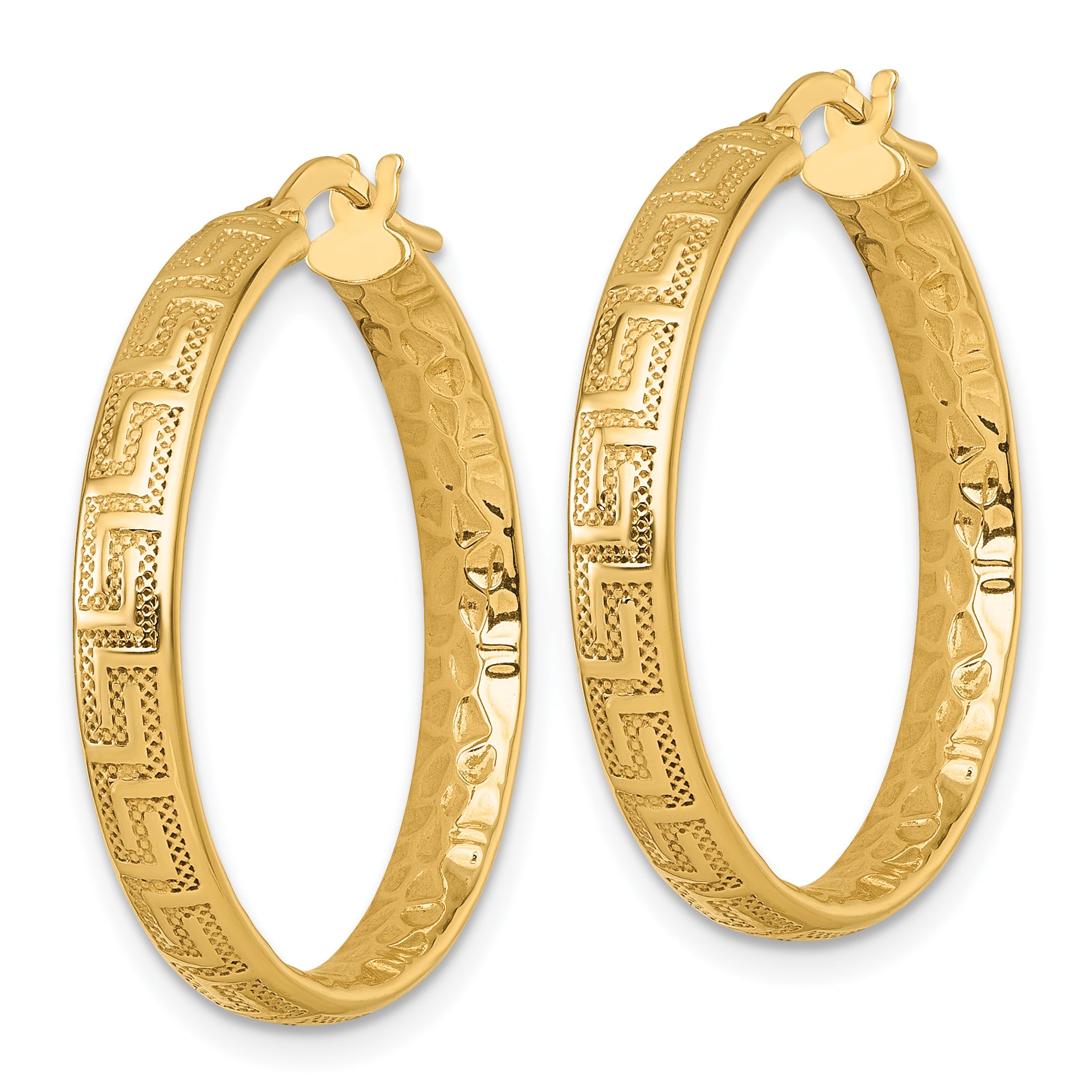 14K Polished Greek Key Design Textured 4.00 x 28mm Tube Hoop Earrings Secondary image