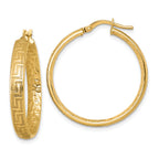 14K Polished Greek Key Design Textured 4.00 x 28mm Tube Hoop Earrings