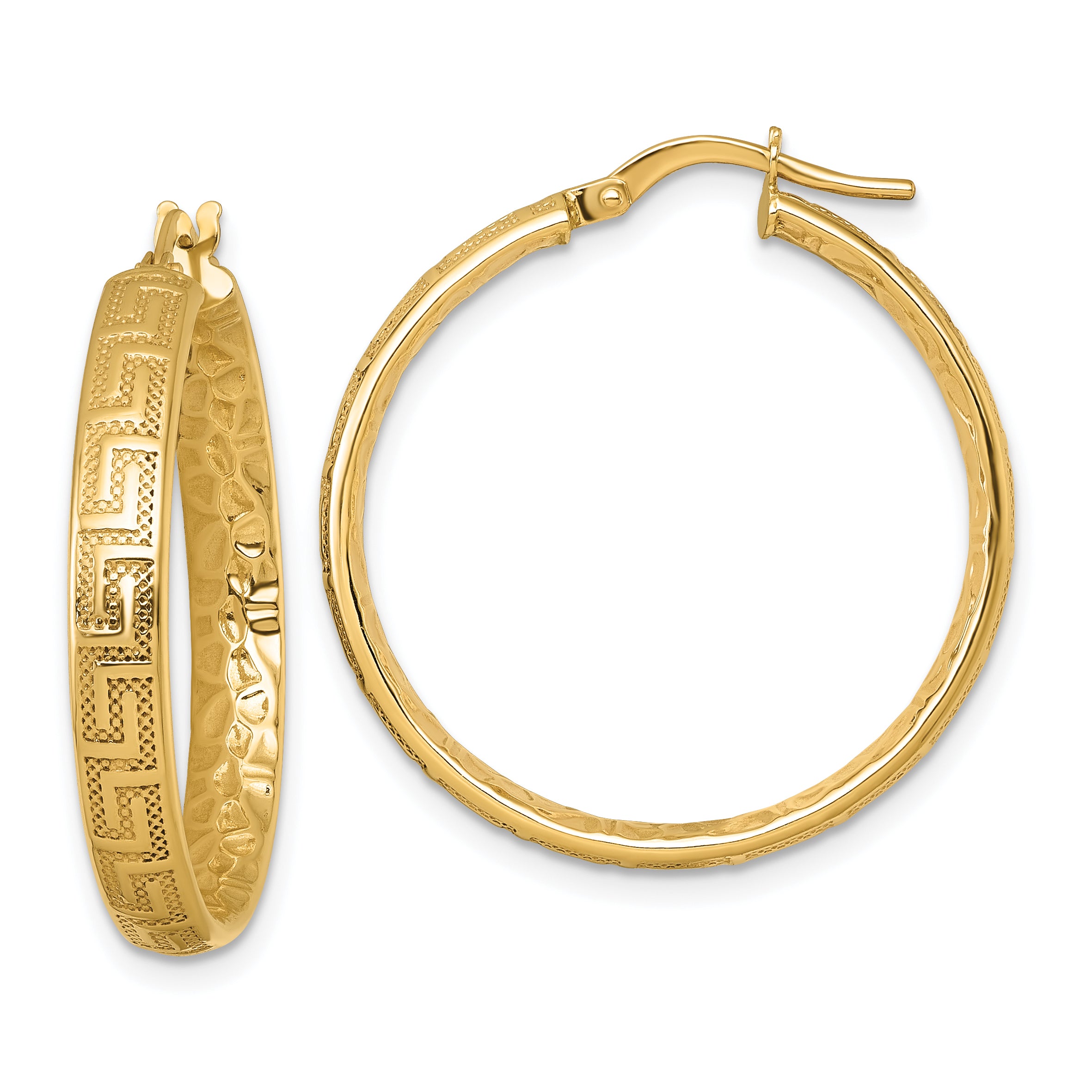 14K Polished Greek Key Design Textured 4.00 x 28mm Tube Hoop Earrings