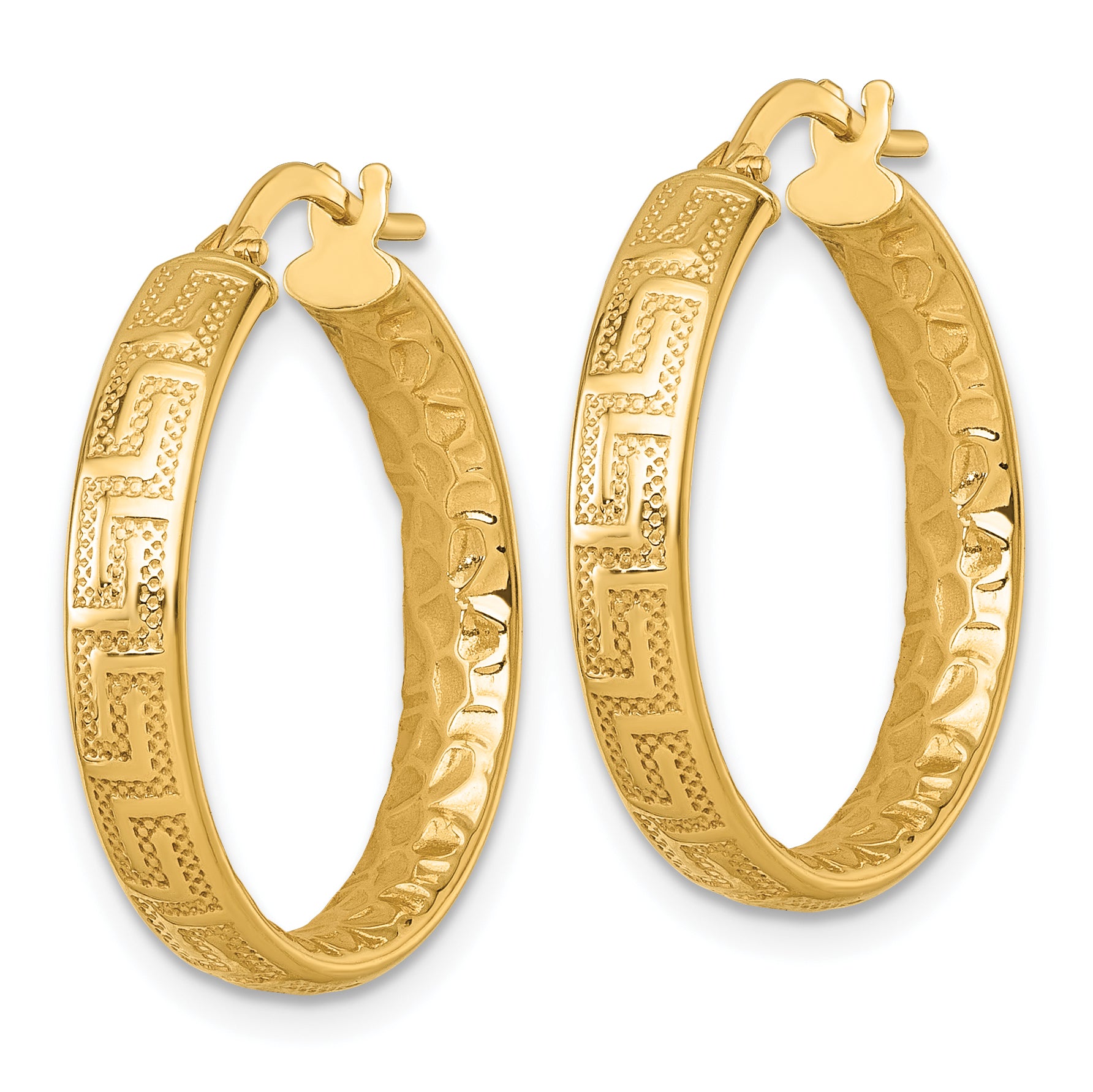 14K Polished Greek Key Design Textured 4.00 x 24mm Tube Hoop Earrings Secondary image