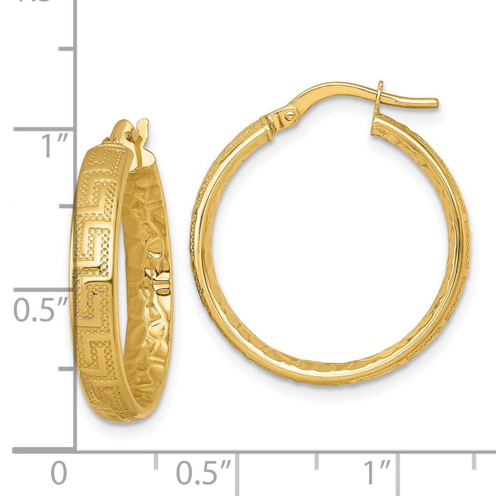 14K Polished Greek Key Design Textured 4.00 x 24mm Tube Hoop Earrings
