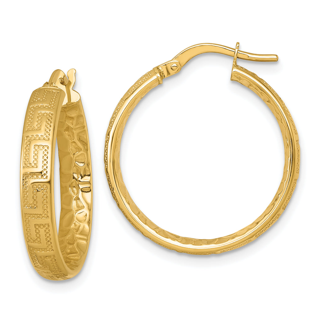14K Polished Greek Key Design Textured 4.00 x 24mm Tube Hoop Earrings