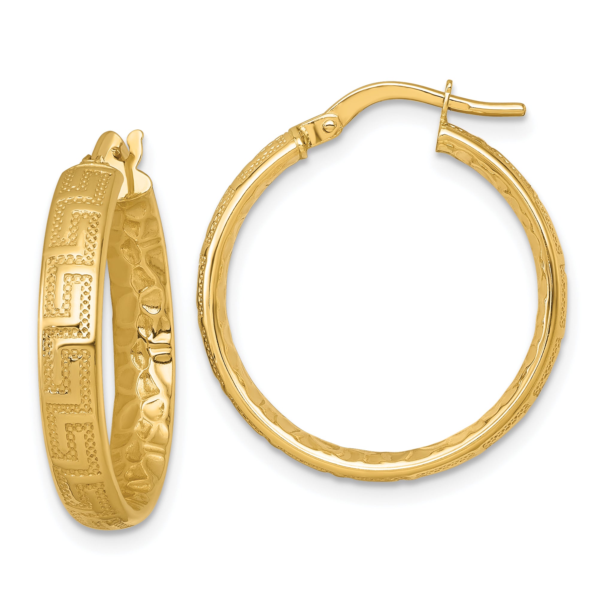 14K Polished Greek Key Design Textured 4.00 x 24mm Tube Hoop Earrings