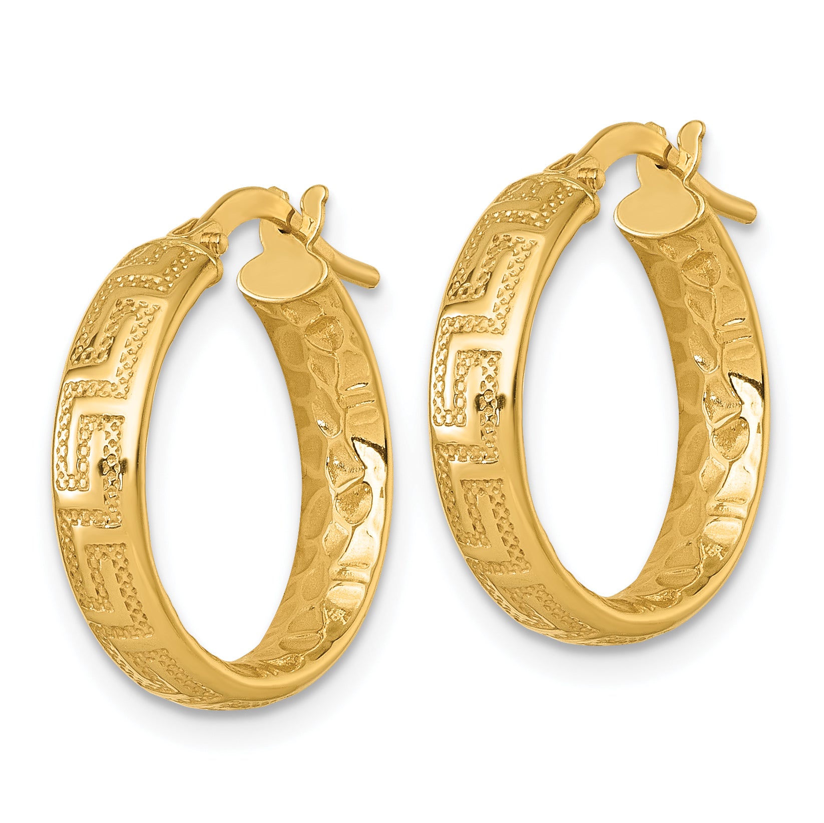 14K Polished Greek Key Design Textured 4.00 x 18mm Tube Hoop Earrings Secondary image
