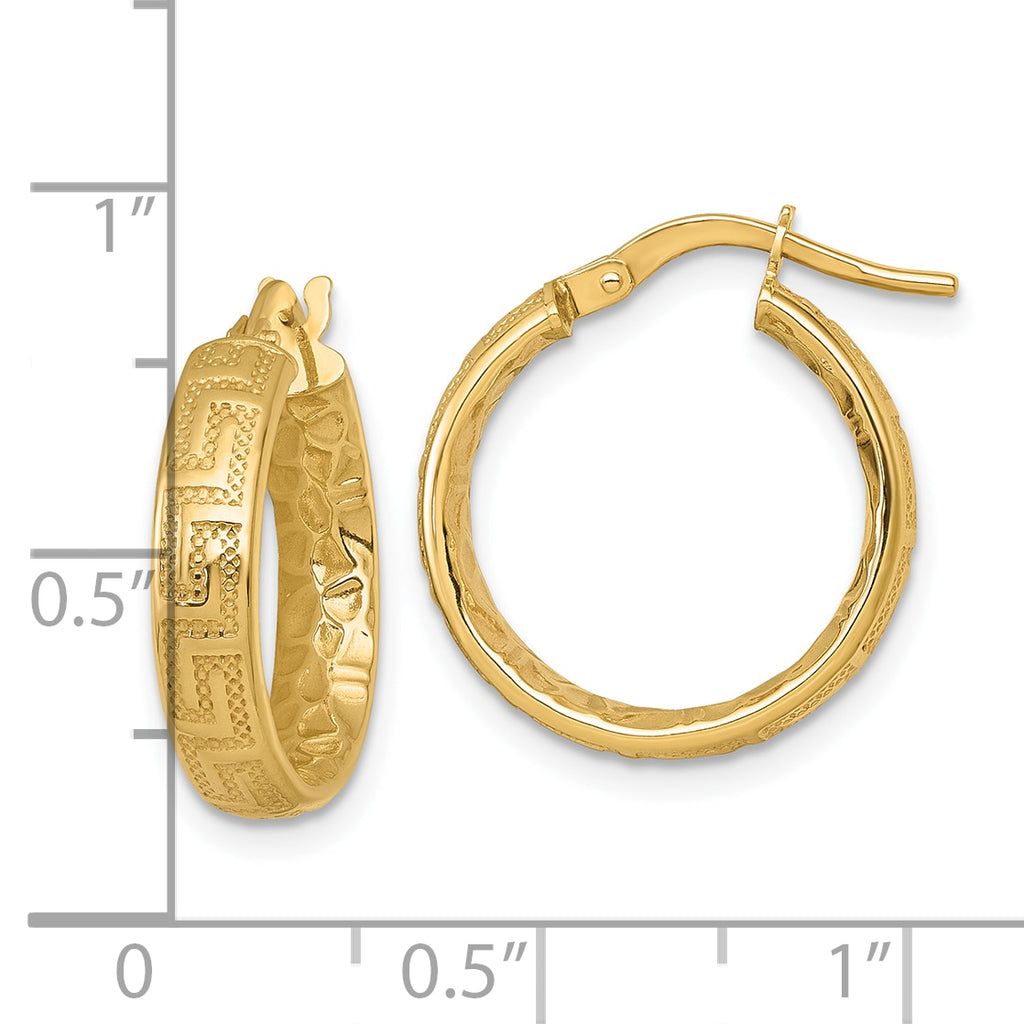 14K Polished Greek Key Design Textured 4.00 x 18mm Tube Hoop Earrings