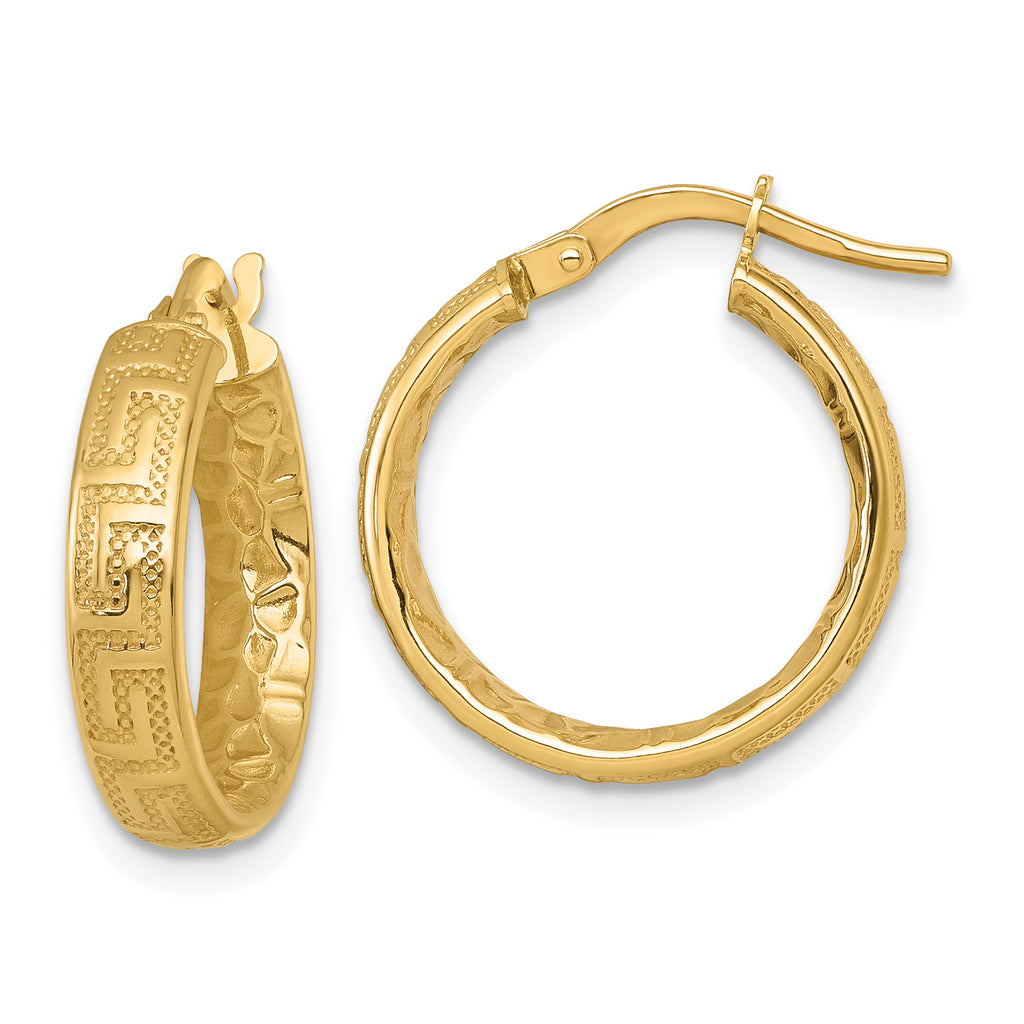 14K Polished Greek Key Design Textured 4.00 x 18mm Tube Hoop Earrings