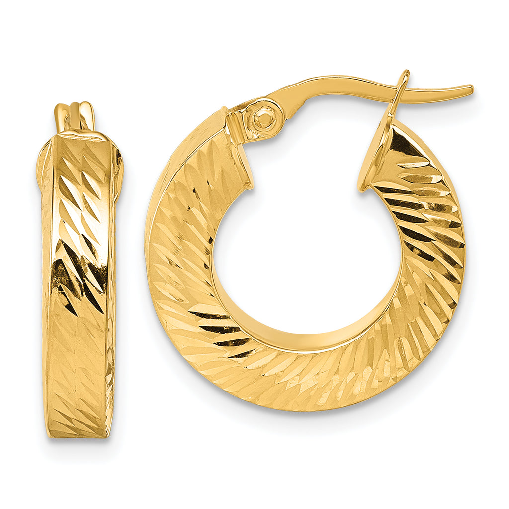 14K Polished and Diamond-cut 4.00mm x 18mm Square Tube Round Hoop Earrings