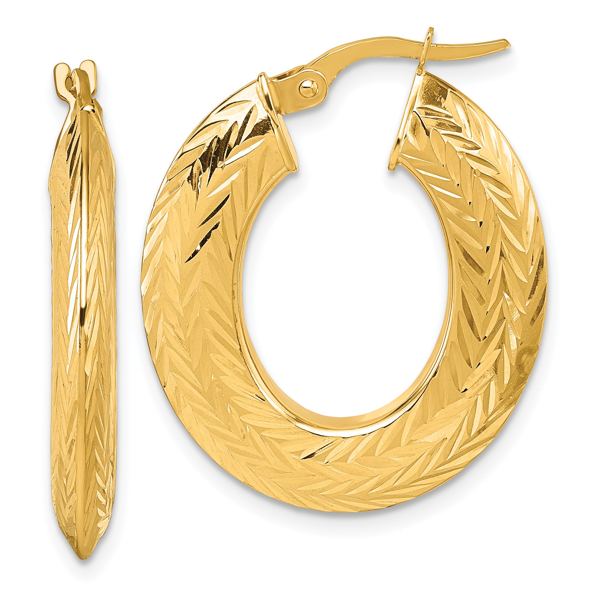 14K Polished and Diamond-cut 3.4mm x 27mm Knife-edge Oval Tube Hoop Earrings