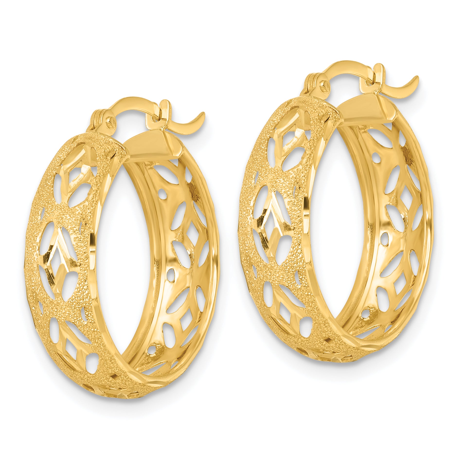 14k Polished Laser and Diamond-cut 6.15x21mm Fancy Design Round Hoop Earrings Secondary image