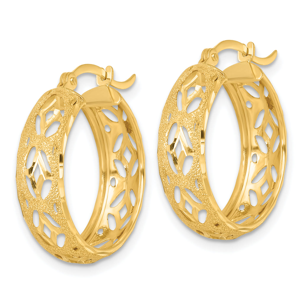14k Polished Laser and Diamond-cut 6.15x21mm Fancy Design Round Hoop Earrings