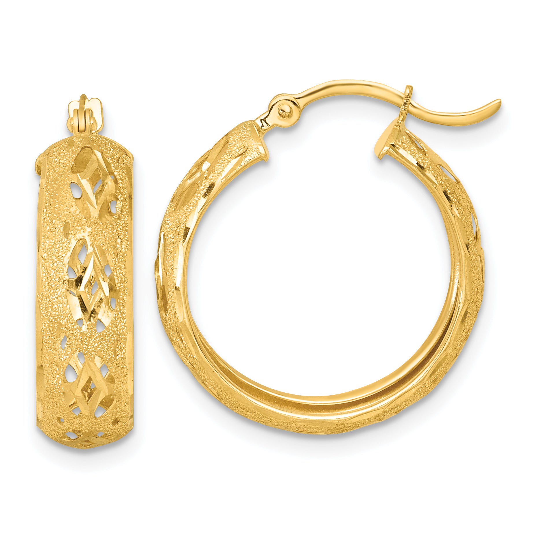 14k Polished Laser and Diamond-cut 6.15x21mm Fancy Design Round Hoop Earrings Main image