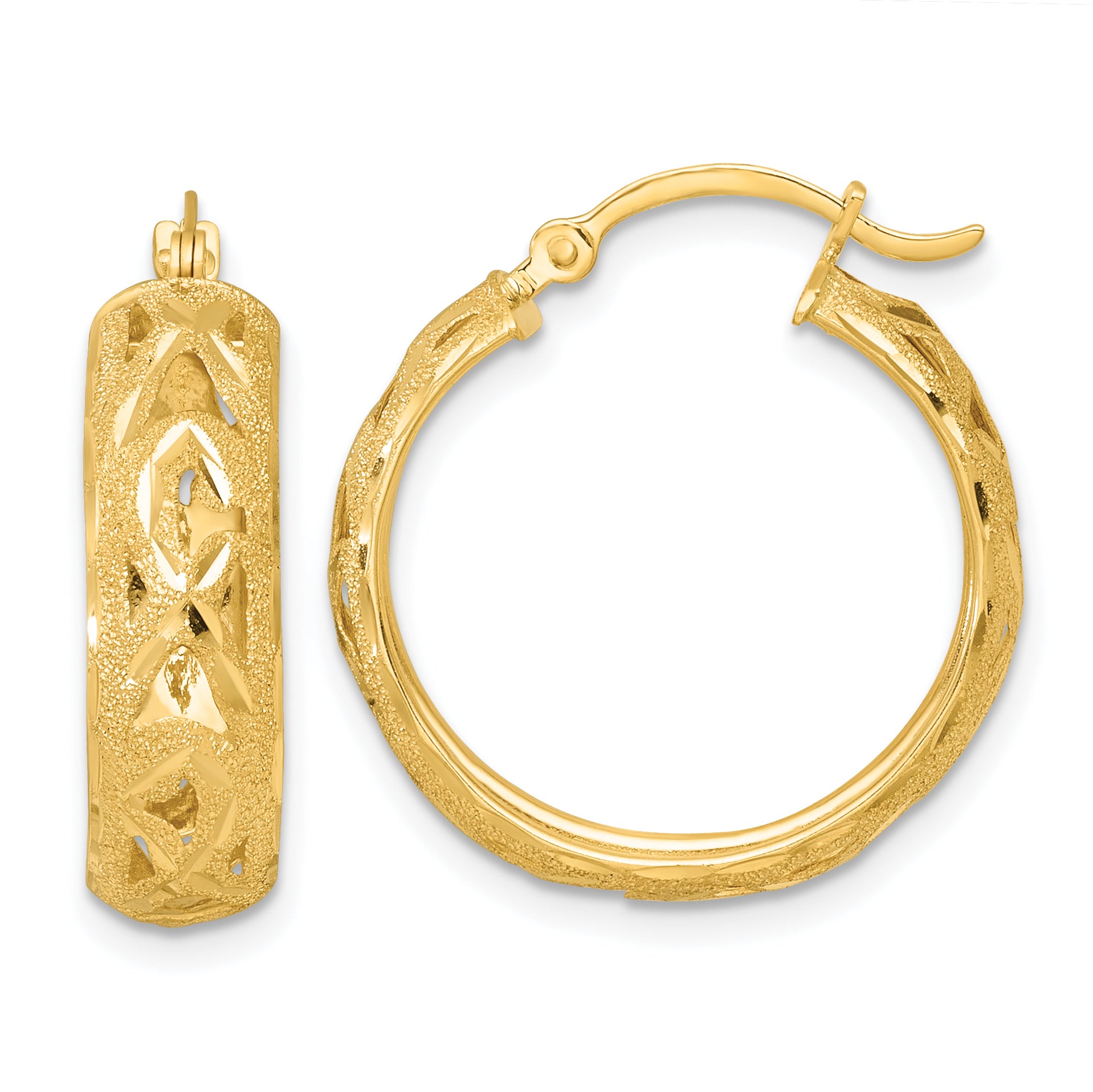 14k Polished Laser and Diamond-cut 6.15x21mm Fancy Design Round Hoop Earrings Main image