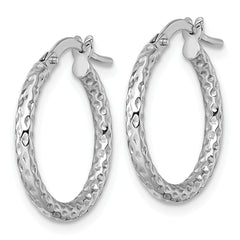 14k White Gold Polished Diamond-cut Textured 2.00 x 18mm Tube Hoop Earrings