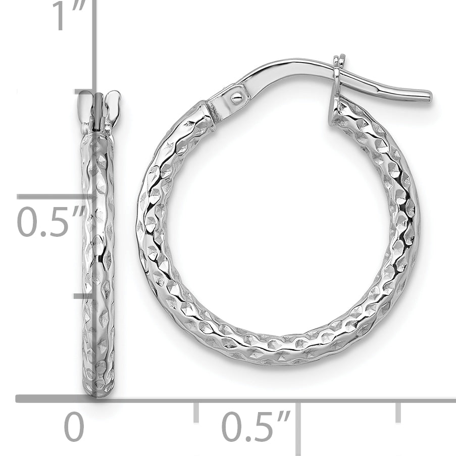 14k White Gold Polished Diamond-cut Textured 2.00 x 18mm Tube Hoop Earrings