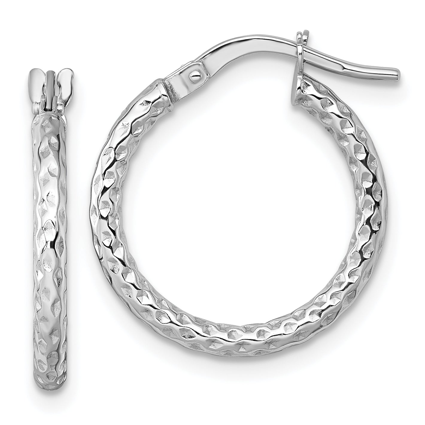 14k White Gold Polished Diamond-cut Textured 2.00 x 18mm Tube Hoop Earrings Main image