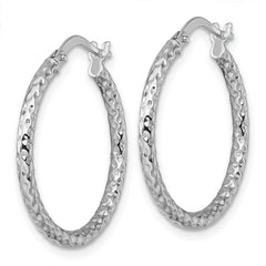 14k White Gold Polished Diamond-cut Textured 2.00 x 23mm Tube Hoop Earrings
