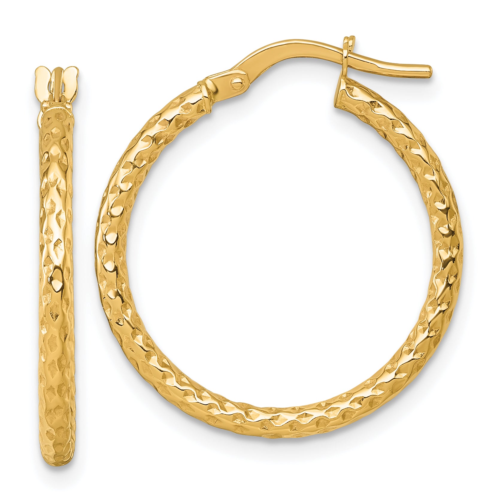 14k Polished Diamond-cut Textured 2.00 x 23mm Tube Hoop Earrings