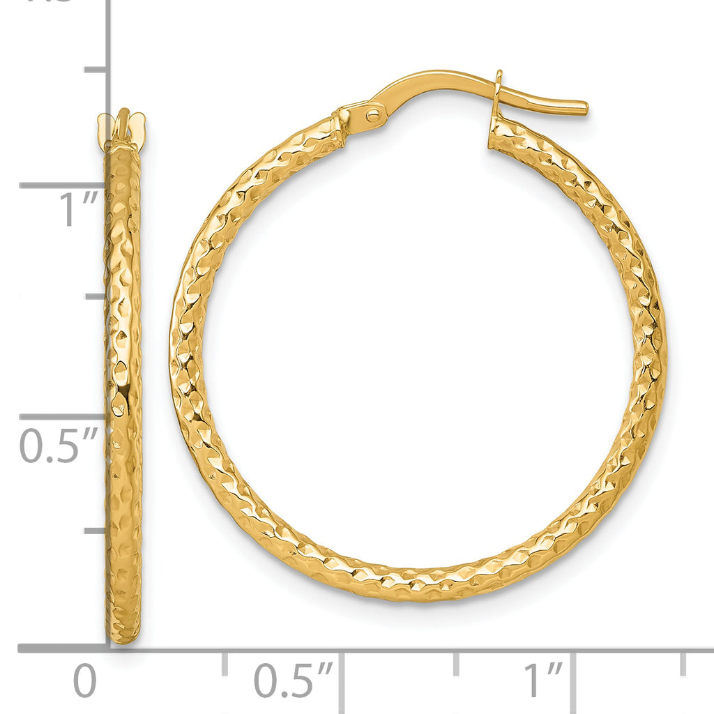 14k Polished Diamond-cut Textured 2.00 x 28mm Tube Hoop Earrings