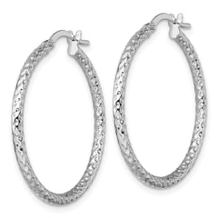 14k White Gold Polished Diamond-cut Textured 2.00 x 28mm Tube Hoop Earrings