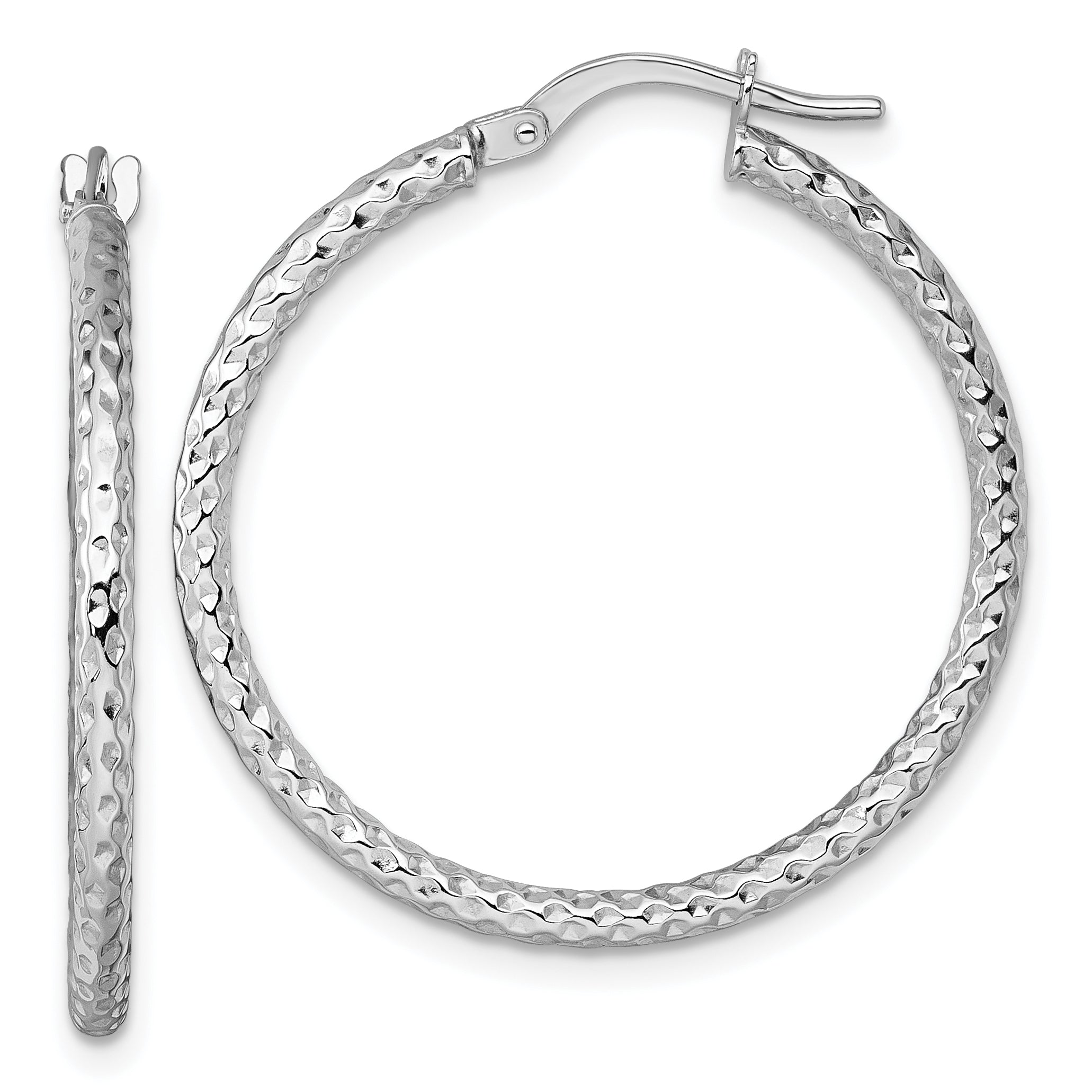 14k White Gold Polished Diamond-cut Textured 2.00 x 28mm Tube Hoop Earrings