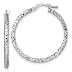 14k White Gold Polished Diamond-cut Textured 2.00 x 28mm Tube Hoop Earrings