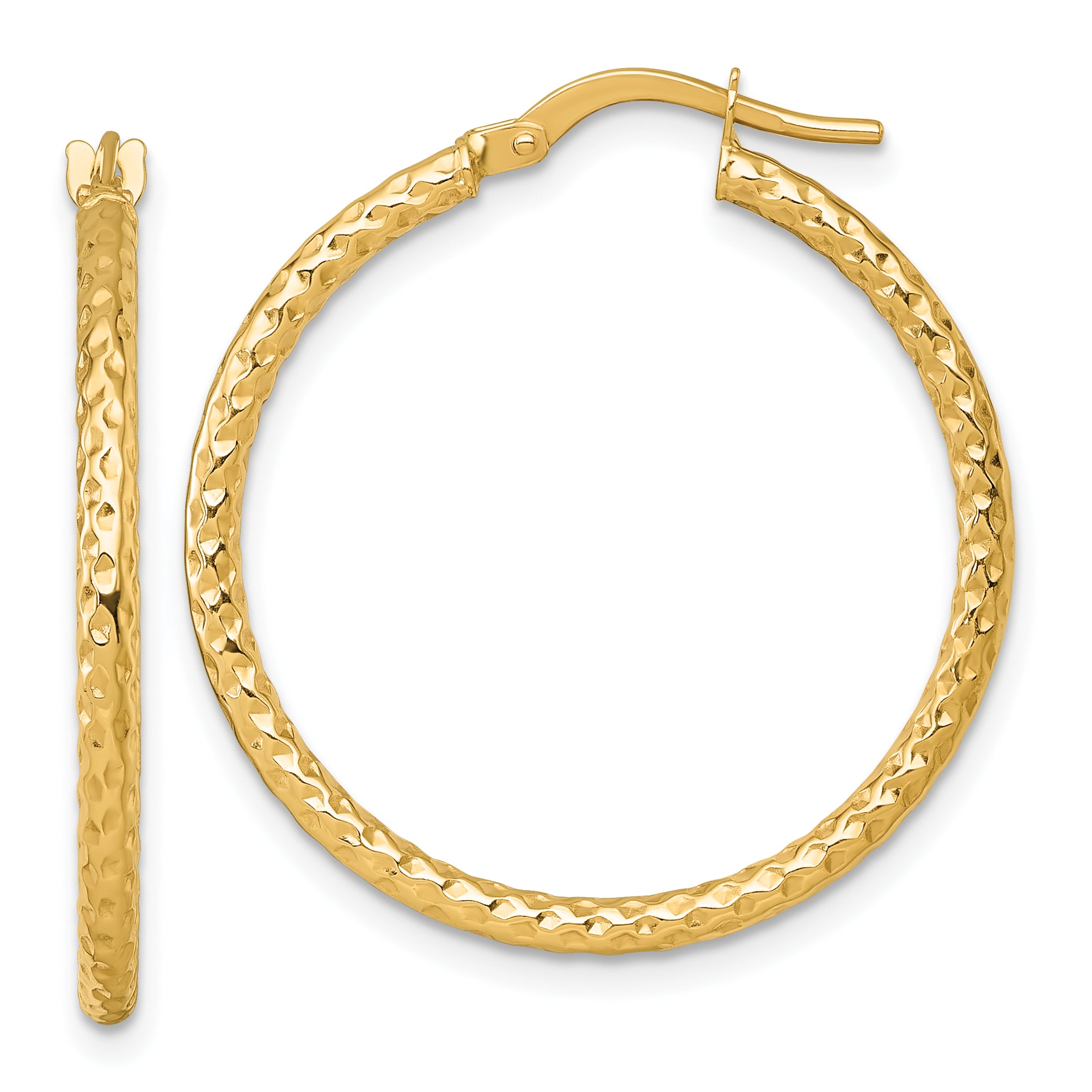 14k Polished Diamond-cut Textured 2.00 x 28mm Tube Hoop Earrings Main image