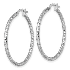 14k White Gold Polished Diamond-cut Textured 2.00 x 32mm Tube Hoop Earrings