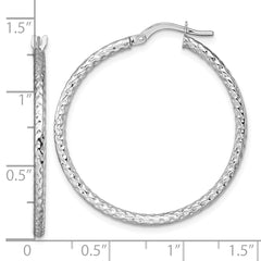 14k White Gold Polished Diamond-cut Textured 2.00 x 32mm Tube Hoop Earrings