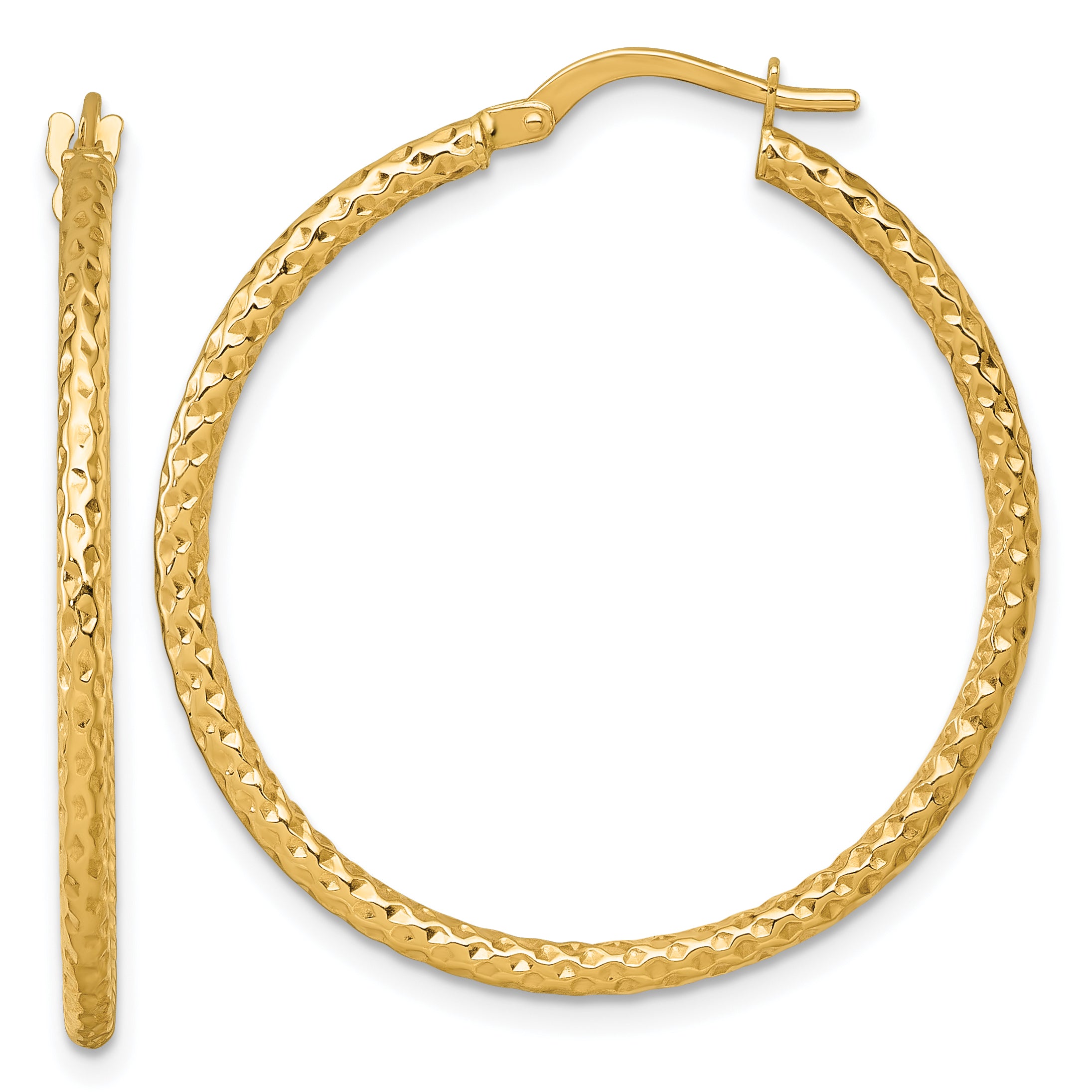 14k Polished Diamond-cut Textured 2.00 x 32mm Tube Hoop Earrings Main image