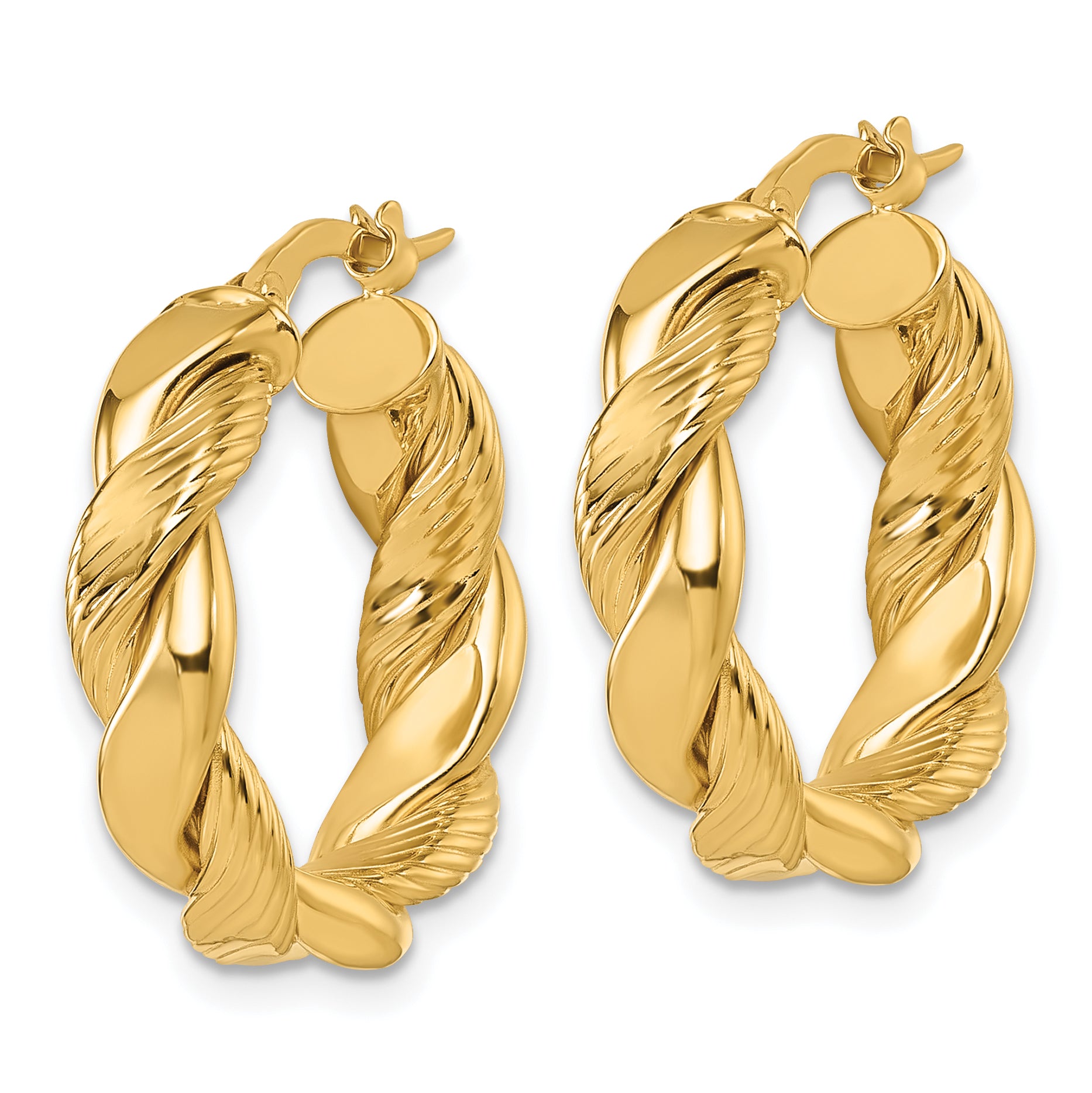 14K Polished and Textured Twisted 5.00mm x 20mm Round Tube Hoop Earrings Secondary image