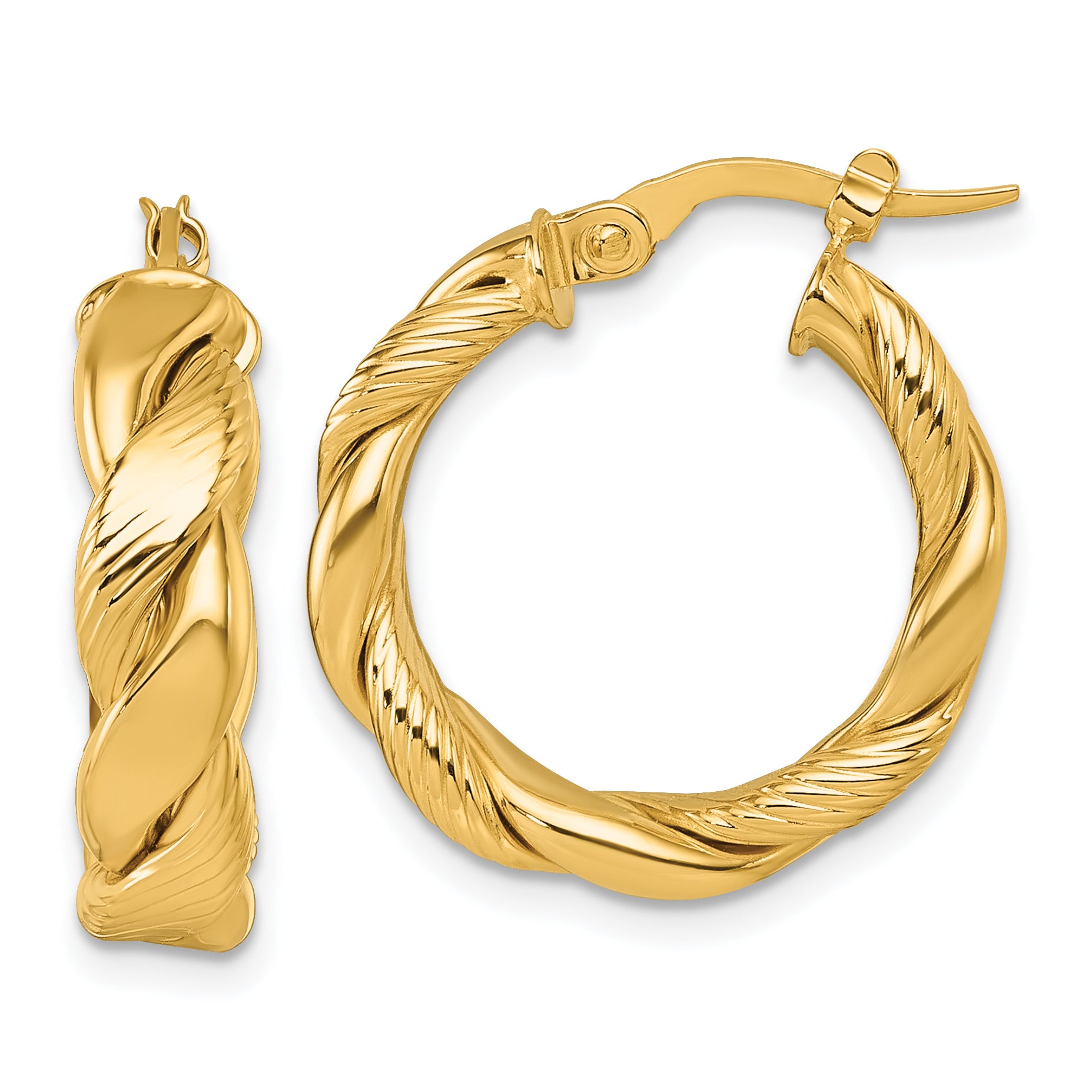 14K Polished and Textured Twisted 5.00mm x 20mm Round Tube Hoop Earrings Main image