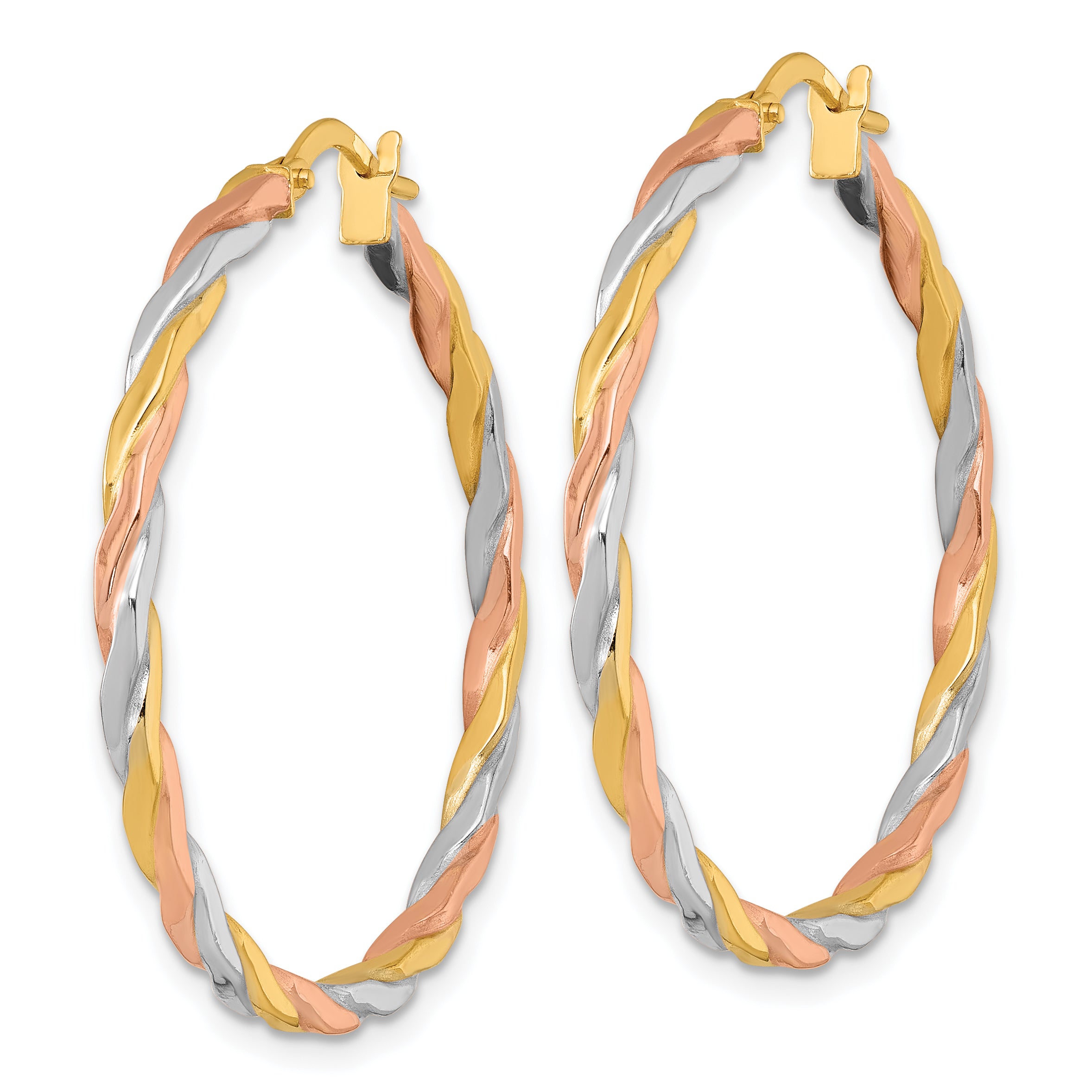 14k with Rose and White Rhodium Polished Twisted 2.00 x 34mm Tube Hoop Earrings