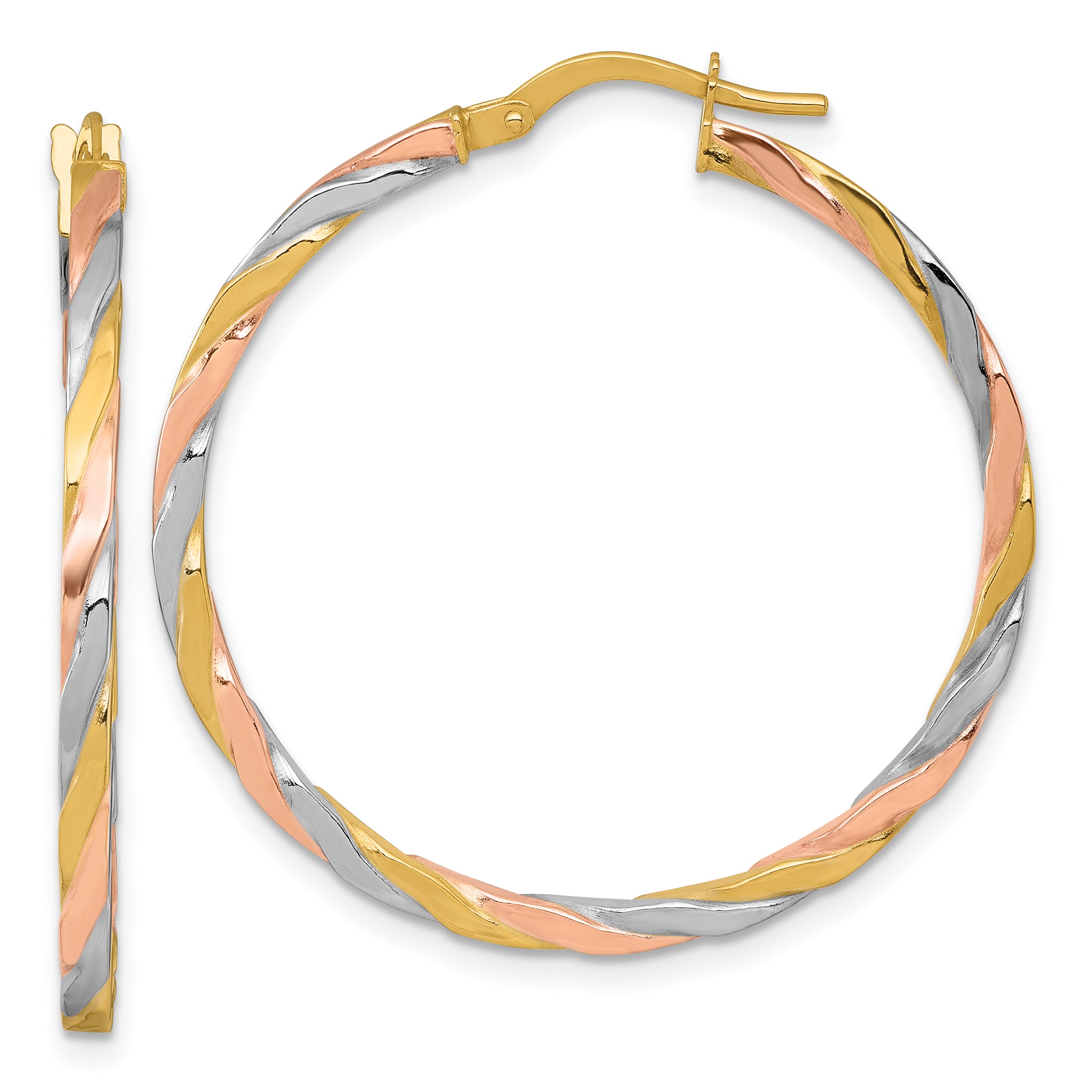 14k with Rose and White Rhodium Polished Twisted 2.00 x 34mm Tube Hoop Earrings Main image