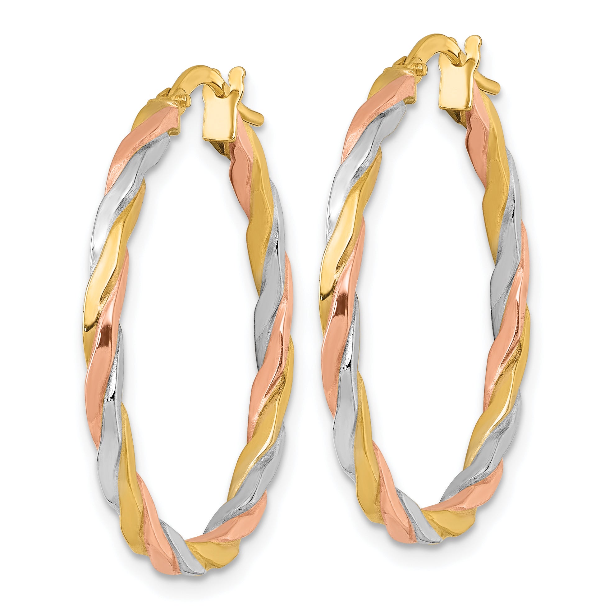 14k with Rose and White Rhodium Polished Twisted 2.00 x 28mm Tube Hoop Earrings Secondary image