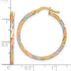14k with Rose and White Rhodium Polished Twisted 2.00 x 28mm Tube Hoop Earrings