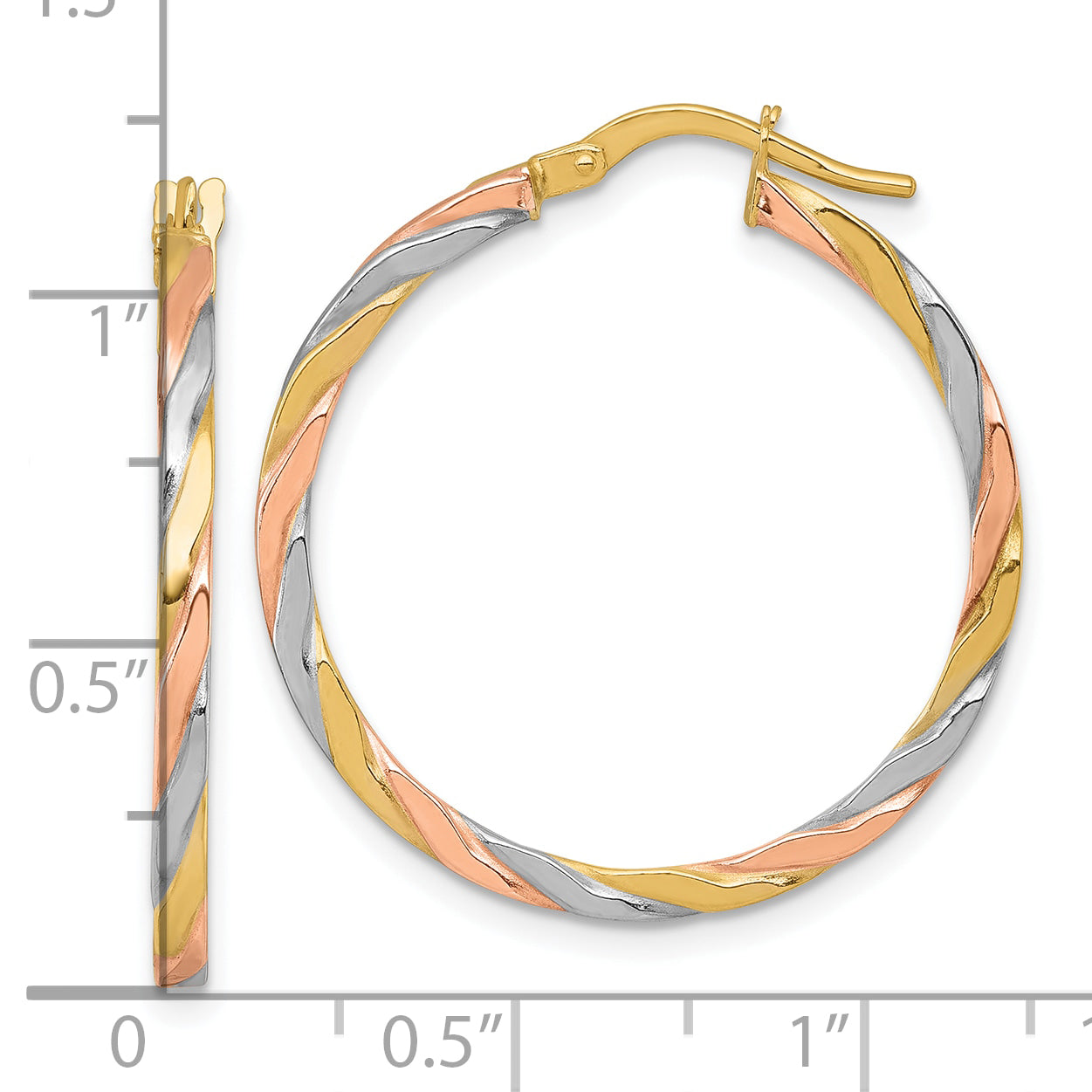 14k with Rose and White Rhodium Polished Twisted 2.00 x 28mm Tube Hoop Earrings