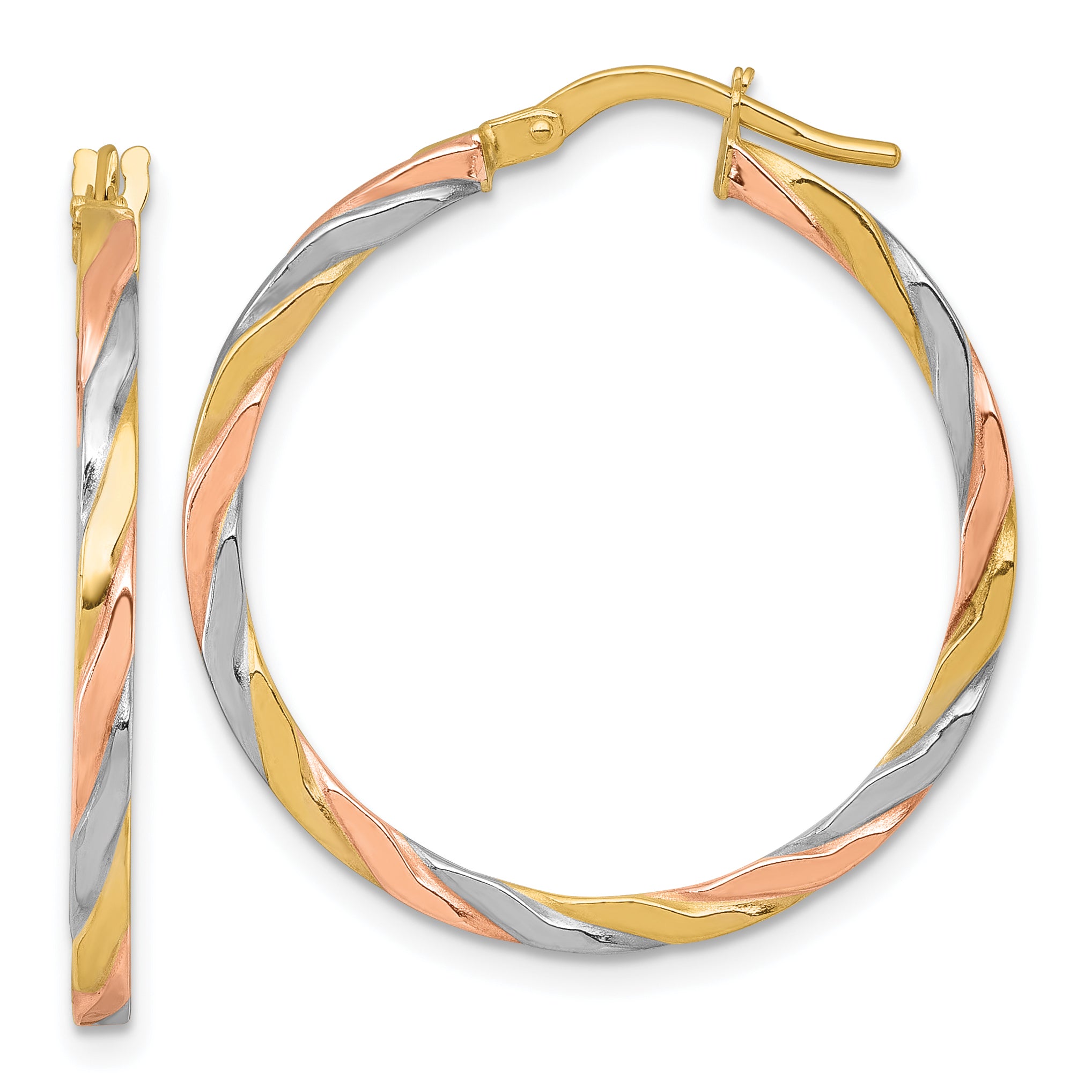 14k with Rose and White Rhodium Polished Twisted 2.00 x 28mm Tube Hoop Earrings Main image