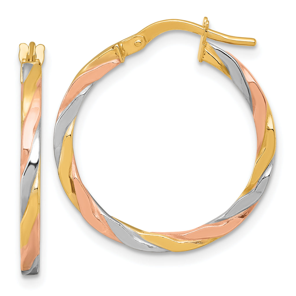 14k with Rose and White Rhodium Polished Twisted 2.00 x 24mm Tube Hoop Earrings